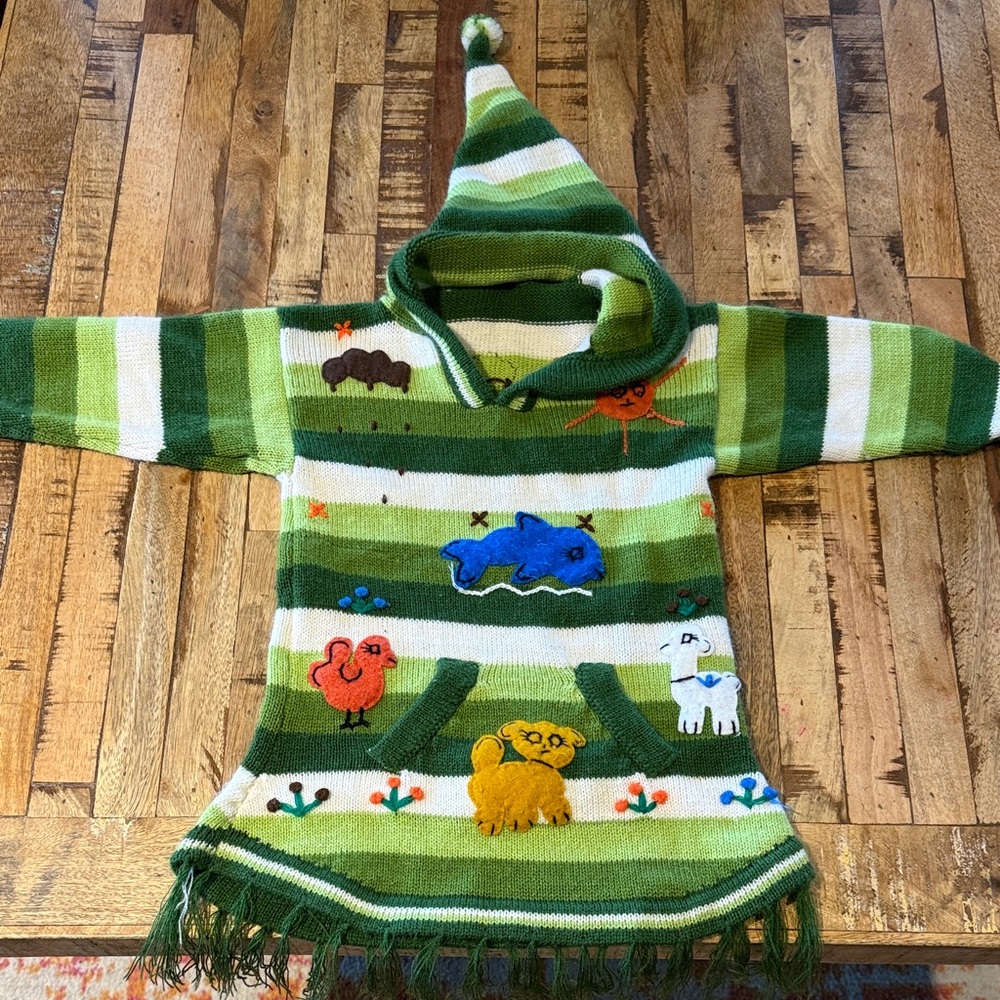 Green Striped Hooded Kids Poncho Sweatshirt with Animal Appliqués